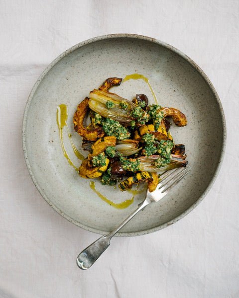 Ghee Roasted Delicata Squash with Sage and Almond Pesto By Alexandra Dudley